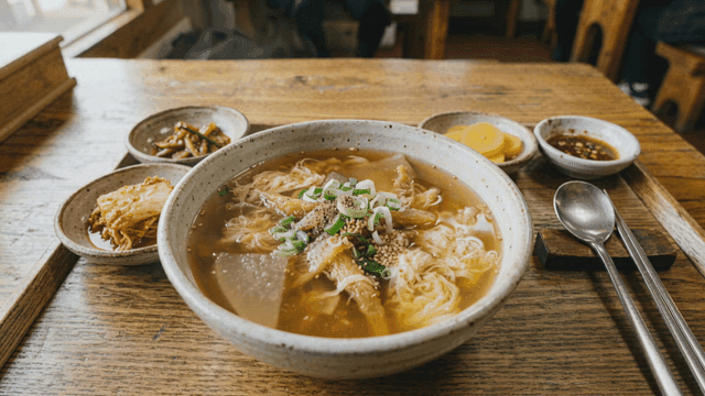 Various side dishes and hearty feast noodle soup