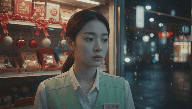 크리스마스 과자 가게에서 우울한 젊은 여성 점원