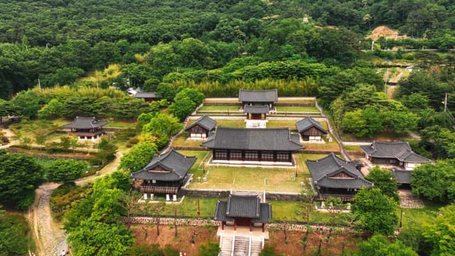 한국 전통 한옥과 광활한 도시