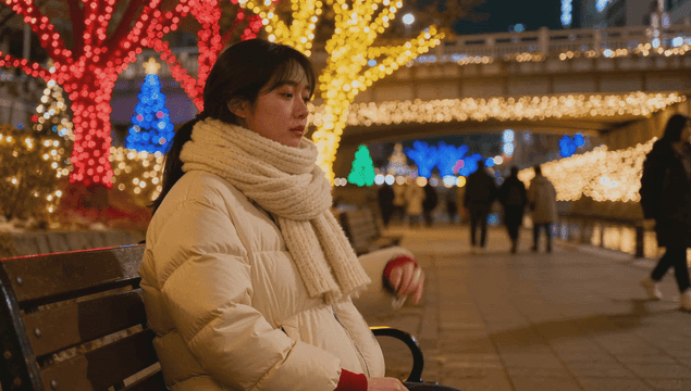 Woman sitting on a bench with christmas lights