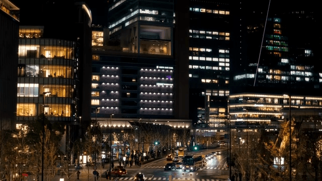 Night view of a bustling city street