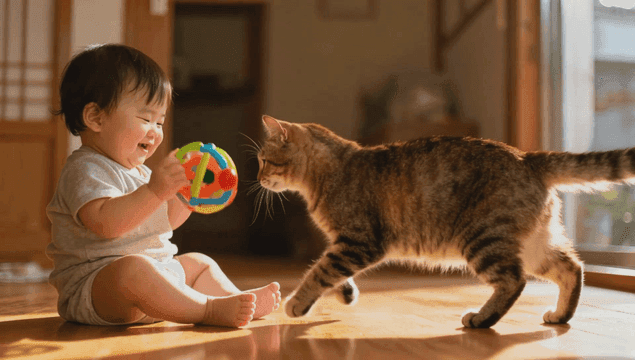 Baby playing with a cat indoors