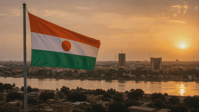 City skyline with Niger flag at sunset