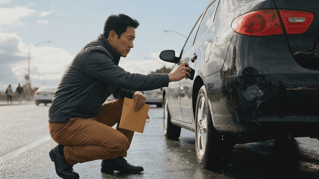 Man inspecting vehicle damage on wet road