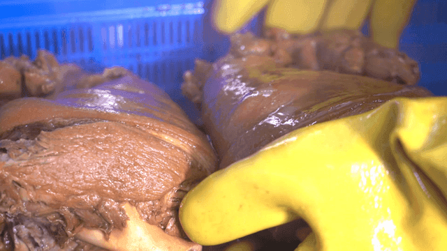 Warm pig's trotters in blue basket
