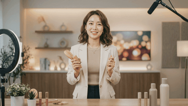 Female show host introducing beauty products