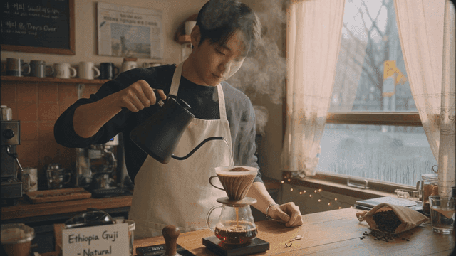 Barista brewing coffee in cozy cafe