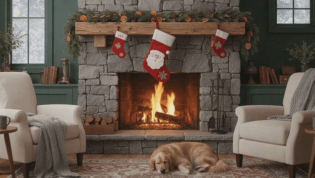 벽난로와 강아지가 있는 아늑한 거실