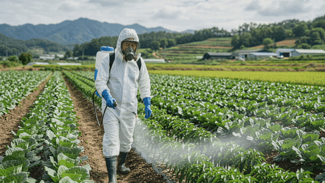Farmer spraying pesticides on crops in field