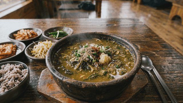 Siraegi soup and side dishes on wooden table