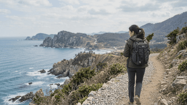 Woman photographing coastal landscape
