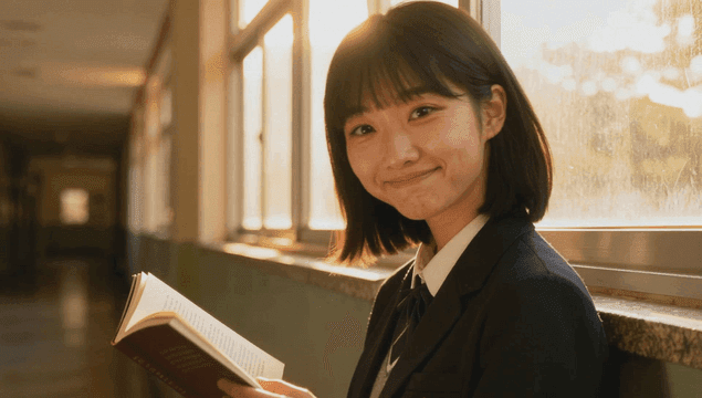 Short-haired schoolgirl reading a book in a sunlit corridor