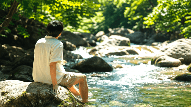 Person sitting by quiet river