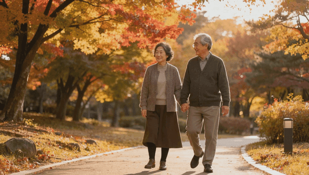 가을 낙엽이 많은 공원에서 산책하는 노부부