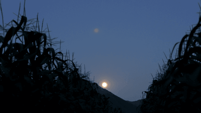 해질녘 산 위로 떠오르는 보름달