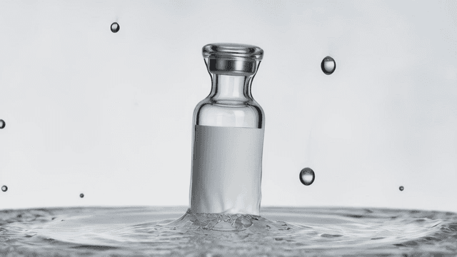 Cosmetic glass bottles splashing in water