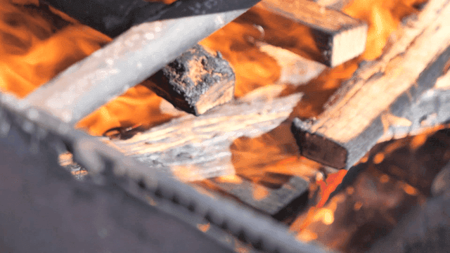 Wood fire burning under a cooking pot