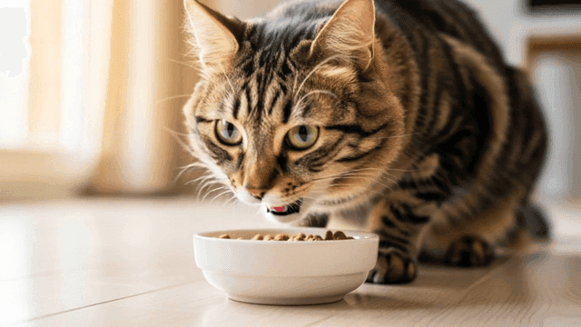 사료를 씹어먹는 고양이