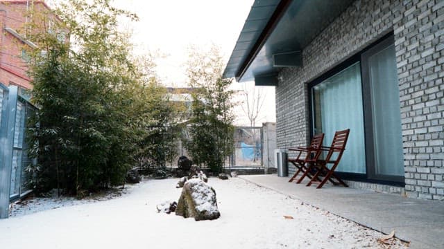 눈 덮인 뒷마당과 대나무 그리고 의자들