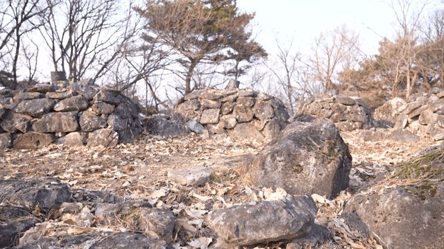 Piles of stones with dry leaves