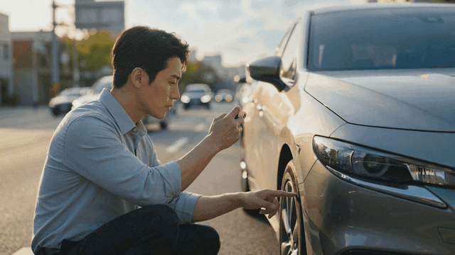 Man inspecting a car tire on the street