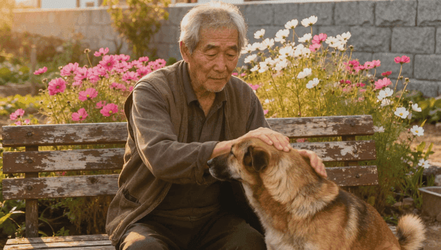화단 앞 벤치에서 개를 쓰다듬는 노인 남자