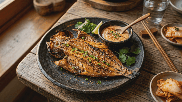 Grilled seasoned fish with sauce