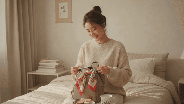 Woman smiling while organizing a bag