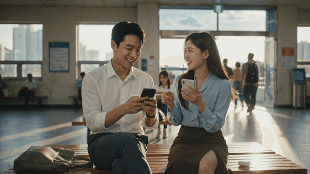 Couple enjoying conversation while looking at their phones on bench