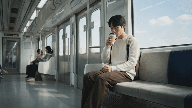 Young man sitting on subway drinking warm coffee