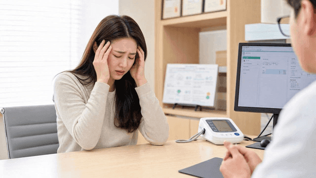Female patient consulting doctor about headache