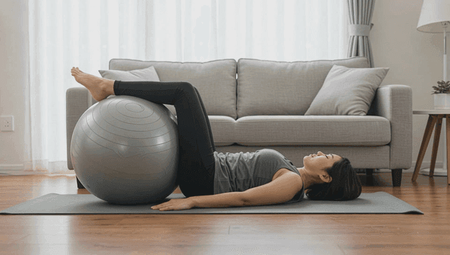 Woman exercising with a gym ball indoors