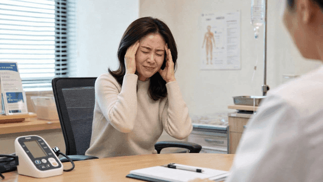Woman complaining of headache in doctor's office
