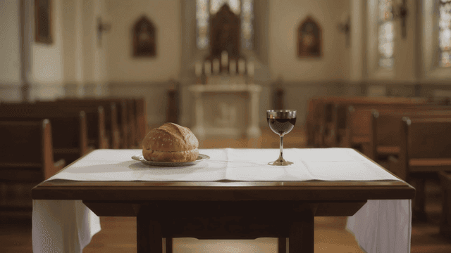 Bread and wine on church altar