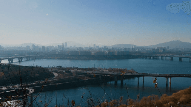 A city skyline with a river and bridges