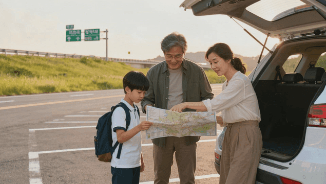 휴게소 주차장에서 지도를 보며 여행 경로를 살펴보는 가족