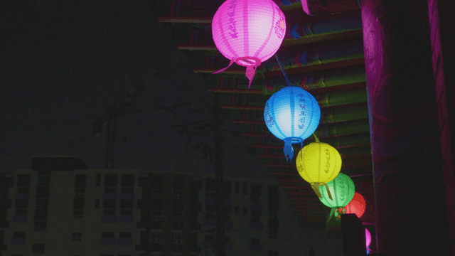 밤에 걸린 바람에 흔들리는 석가탄신일 등불