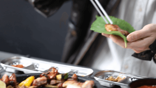 Grilled meat wrapped in perilla leaves