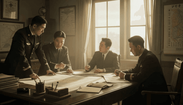 회의실에서 지도를 논의하는 군인들