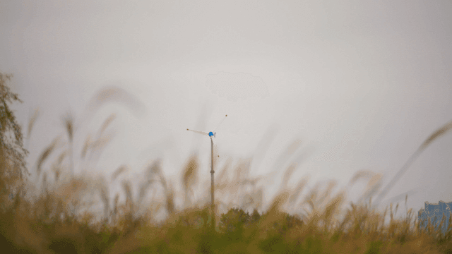 가을 풀밭에 있는 소형 풍력 터빈