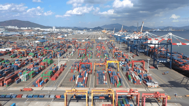 Port where cargo ships and trucks move containers