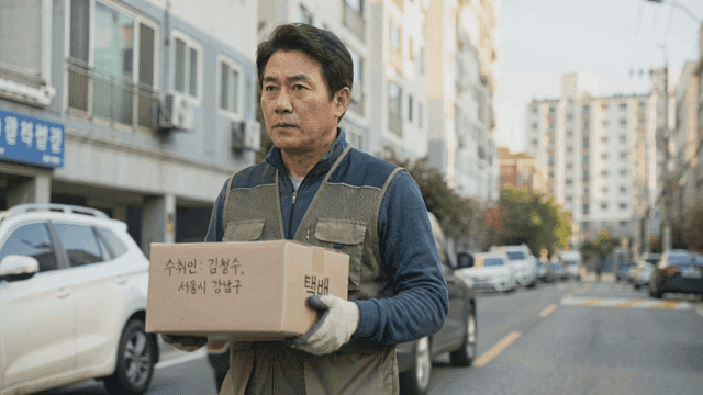 Delivery person holding package on city street