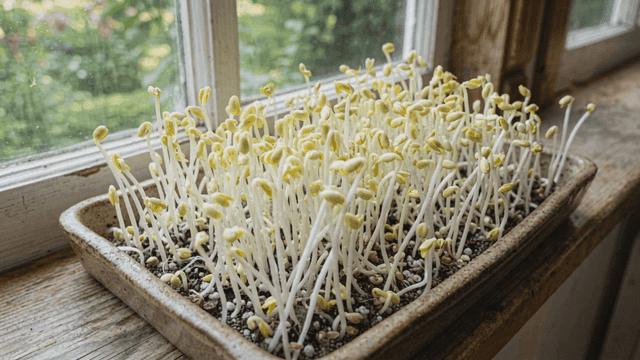 Bean sprouts growing by a sunny window