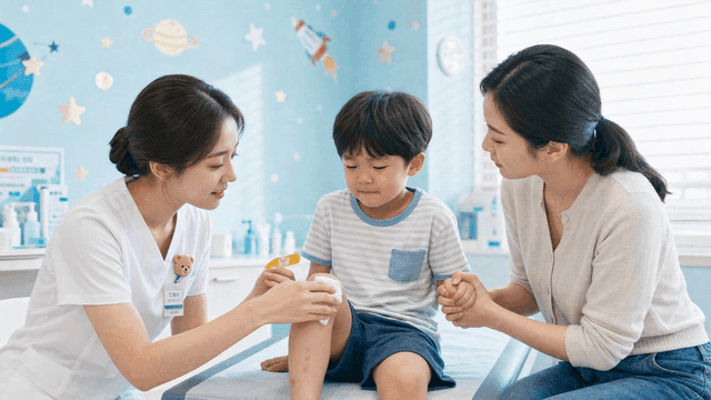 Nurse disinfecting child's knee wound