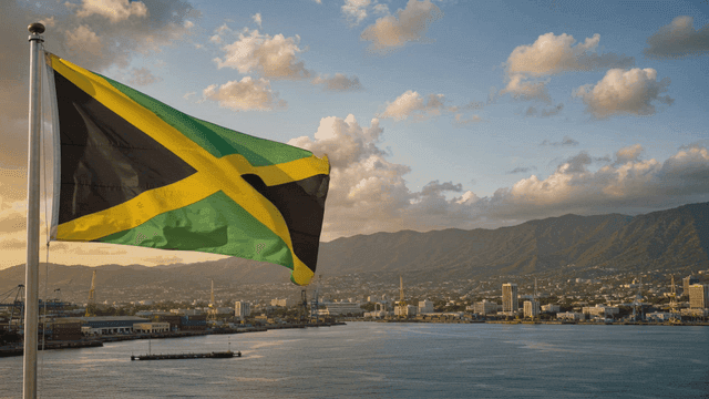 Jamaican flag waving over a coastal city