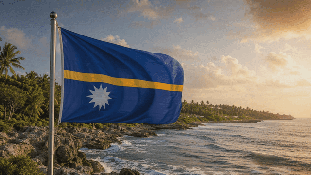 Flag of Republic of Nauru fluttering on beach at sunset