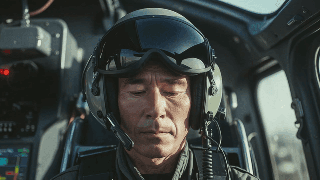 Pilot in a cockpit wearing a helmet