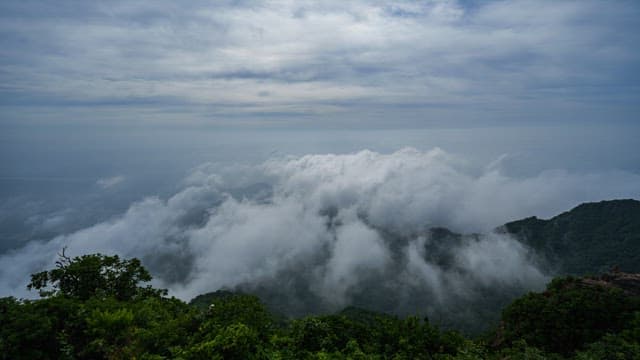 Thick Fog over Green Mountains and Valleys