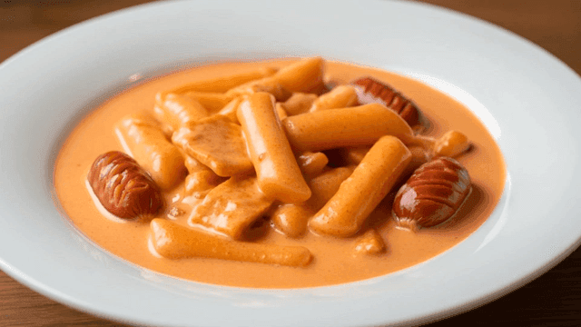 Creamy rose tteokbokki with sausages