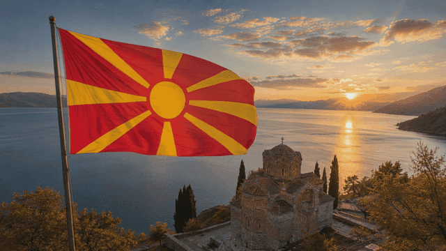 North Macedonian flag near historic church at sunset